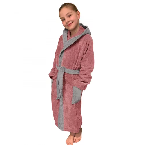 Halat de baie pentru copii Homelevel, 176, Roz / Gri, Bumbac organic, 54864.33.41