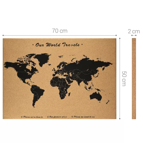Panou pluta Navaris World Map, 70x50 cm, cu ace si kit montaj, prindere perete, maro/negru, pluta