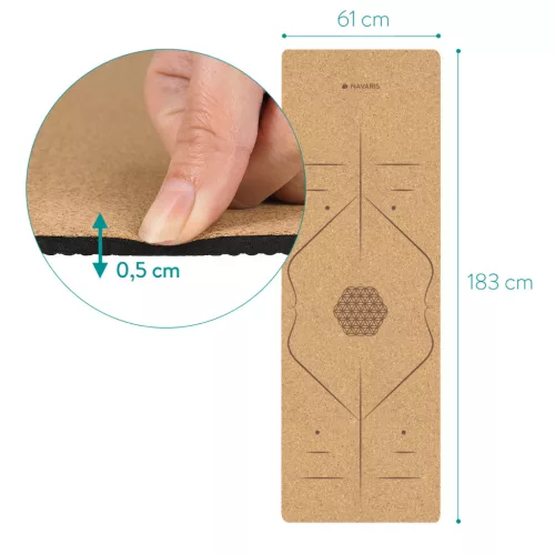 Saltea yoga Navaris Cork, 183x61x0.5 cm, linii de aliniere, aderenta naturala, bej, pluta/TPE