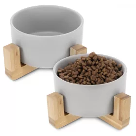   Set 2 Boluri pentru pisici si caini cu suport din bambus Navaris, 550 ml, Gri, 48350.1.22