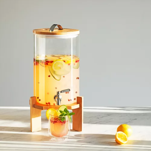 Dozator de bauturi din sticla Navaris cu robinet si stand, 7 l, Maro, 46785.05