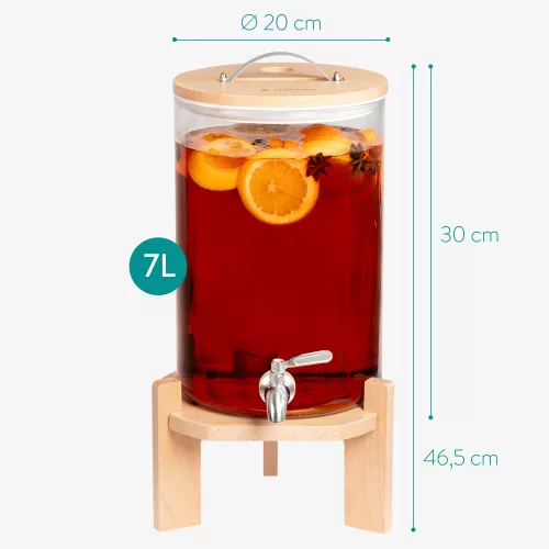 Dozator de bauturi din sticla Navaris cu robinet si stand, 7 l, Maro, 46785.05