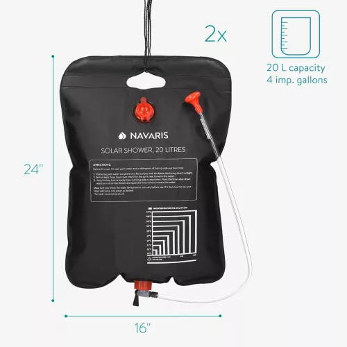 Set 2 x Dus solar de camping Navaris cu furtun si robinet, 20L, Negru, 45686.03.01