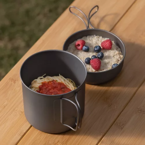Set oala si tigaie pentru camping din titan Navaris, 1100 ml si 450 ml, 53304.01