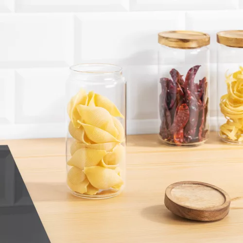 Set 3 borcane Navaris cu capac din lemn de acacia, 950 ml, sticla borosilicata, maro, lemn/sticla