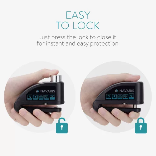 Incuietoare de disc pentru motociclete Navaris cu alarma 110 dB, Blocare antifurt, 54573.01