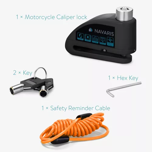 Incuietoare de disc pentru motociclete Navaris cu alarma 110 dB, Blocare antifurt, 54573.01