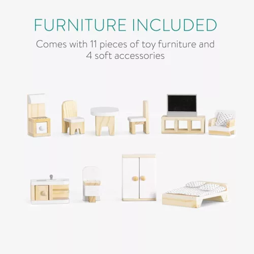 Casa de papusi din lemn Navaris, cu 3 etaje, cu mobilier si accesorii, 5 camere si balcon, 69.5x62x27 cm, 55376.01