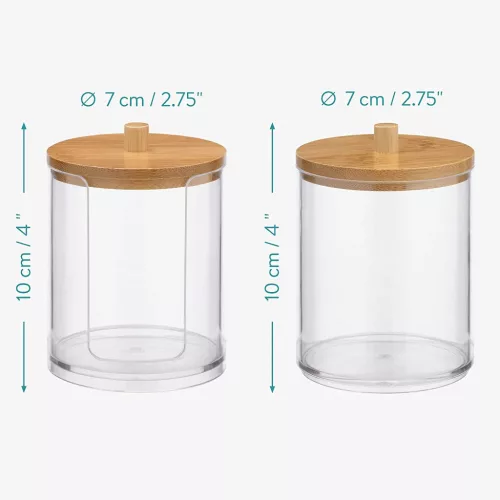 Organizator cosmetice, dischete demachiante si betisoare urechi, transparent, 2 compartimente, plastic/bambus, Navaris, 59140.01