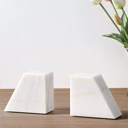 Set 2 capete de raft Navaris, marmura alba, 13x11x6, 5 cm, alb, piatra naturala
