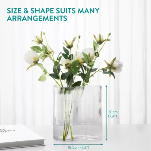 Vaza din sticla Navaris Ribbed, forma ondulata, 18.5x12x20 cm, transparent, sticla