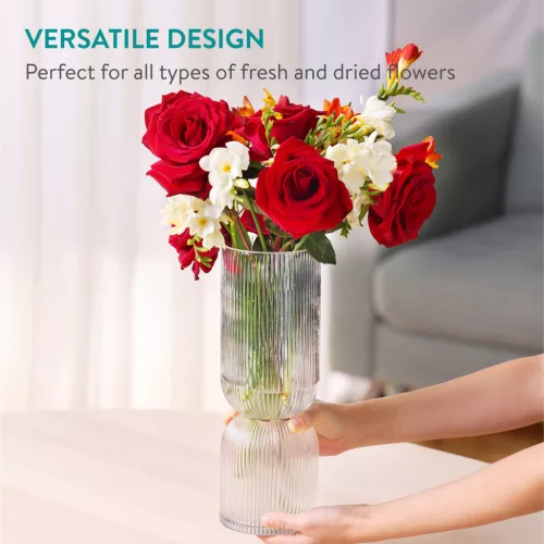 Vaza decorativa ribbed Navaris, forma rotunda, 35x14x14 cm, sticla groasa, pentru flori, gri, sticla