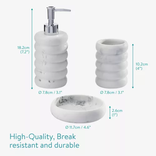 Set 3 accesorii baie Navaris, polirasina, Ripple, suport periute, dozator si savoniera, alb, rasina