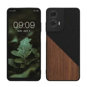 Husa Motorola Moto G24/Moto E14/Moto G04, Maro/Negru, Lemn/Silicon, KWM000022RR001C