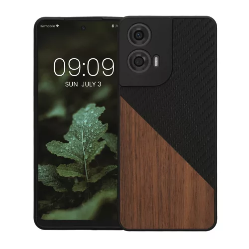 Husa Motorola Moto G24/Moto E14/Moto G04, Maro/Negru, Lemn/Silicon, KWM000022RR001C