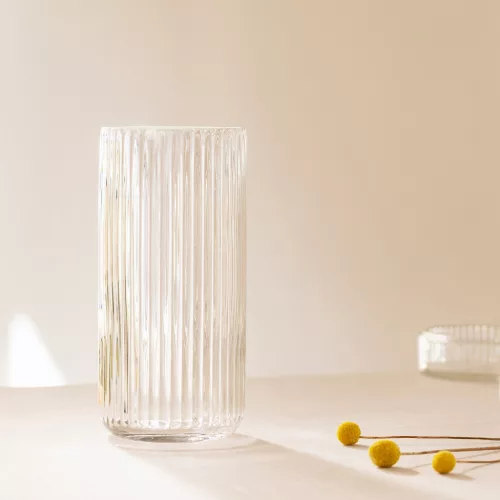 Vaza ribbed Navaris, 11.5x25 cm, transparenta, cilindrica, pentru flori si buchete, transparent, sticla