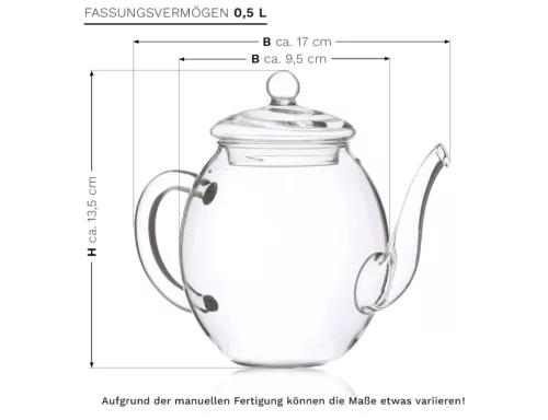Ceainic din sticla Creano cu capac, 500 ml, rezistent la caldura, turnare fara picurare