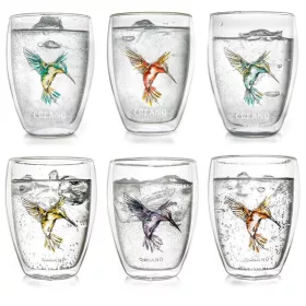   Set 6 pahare termice Creano Hummi, 250 ml, sticla borosilicata, perete dublu, decor colibri
