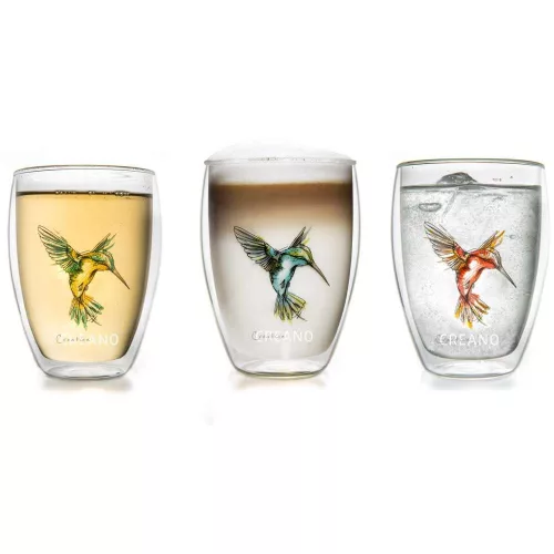 Set 6 pahare termice Creano Hummi, 250 ml, sticla borosilicata, perete dublu, decor colibri