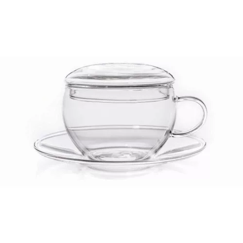 Set 2 cani din sticla Creano, 200 ml, cu farfurioara si capac, pentru ceai si cappuccino
