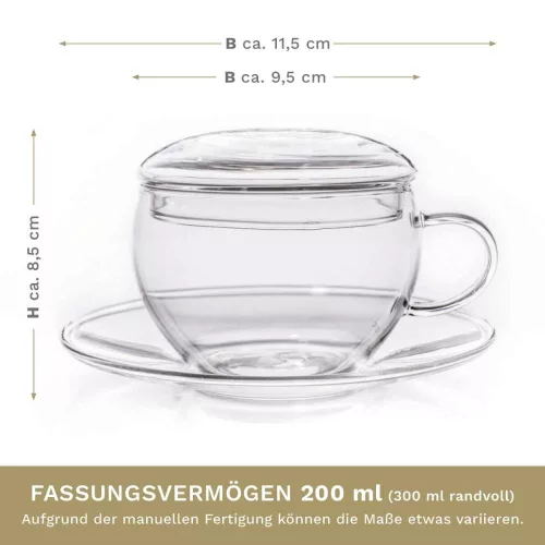 Set 2 cani din sticla Creano, 200 ml, cu farfurioara si capac, pentru ceai si cappuccino
