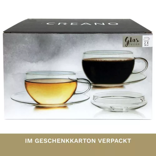 Set 2 cani din sticla Creano, 200 ml, cu farfurioara si capac, pentru ceai si cappuccino