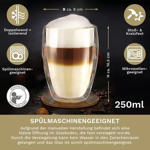 Set 6 pahare termice Creano DG-Hoch, 250 ml, sticla borosilicata, perete dublu