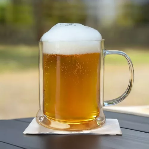 Halba termica Creano pentru bere, 500 ml, sticla borosilicata, perete dublu, cu maner