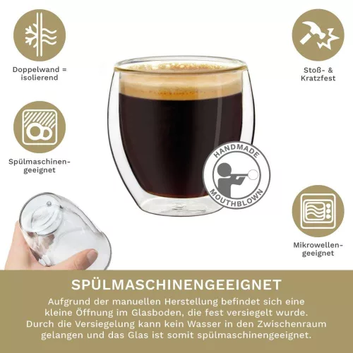 Set 2 pahare espresso termice Creano, 100 ml, sticla borosilicata, perete dublu