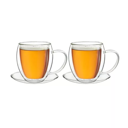 Set 2 cani termice Creano, 250 ml, sticla borosilicata, perete dublu, cu farfurioara