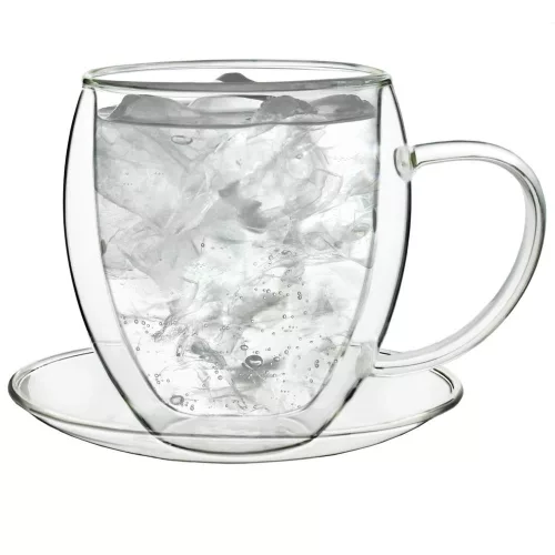 Set 2 cani termice Creano, 250 ml, sticla borosilicata, perete dublu, cu farfurioara