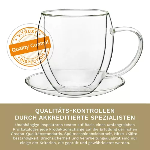 Set 2 cani termice Creano, 250 ml, sticla borosilicata, perete dublu, cu farfurioara