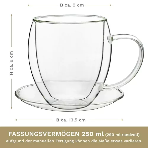 Set 2 cani termice Creano, 250 ml, sticla borosilicata, perete dublu, cu farfurioara