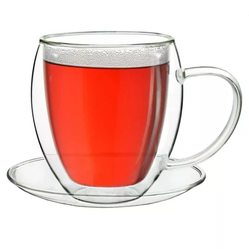 Cana termica XXL Creano, 400 ml, sticla borosilicata, perete dublu, cu farfurioara