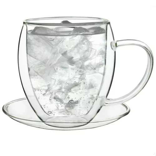 Cana termica XXL Creano, 400 ml, sticla borosilicata, perete dublu, cu farfurioara