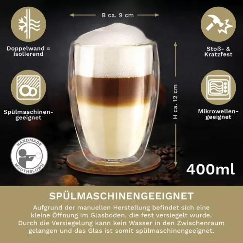 Pahar termic XXL Creano, 400 ml, sticla borosilicata, perete dublu, pentru ceai si cafea