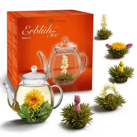   Set cadou Creano ErbluhTee Mix, 6 bile ceai alb cu flori si ceainic din sticla 500 ml