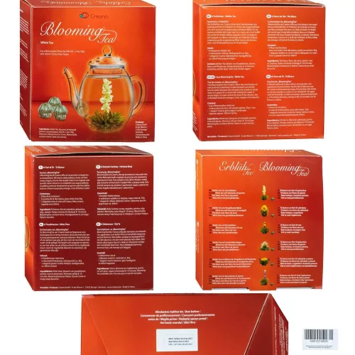 Set cadou Creano ErbluhTee Mix, 6 bile ceai alb cu flori si ceainic din sticla 500 ml