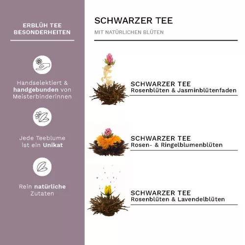 Set cadou ceai infloritor Creano, 6 sfere, ceai negru, cutie lemn in forma de inima, 3 combinatii florale