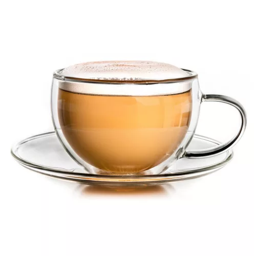 Cana termica Creano, 250 ml, sticla borosilicata, perete dublu, cu farfurioara