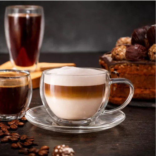 Cana termica Creano, 250 ml, sticla borosilicata, perete dublu, cu farfurioara