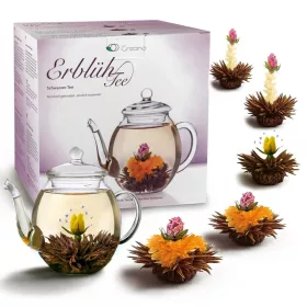   Set cadou Creano ErbluhTee Mix, ceainic din sticla 500 ml si 6 bile ceai infloritor negru, 3 varietati