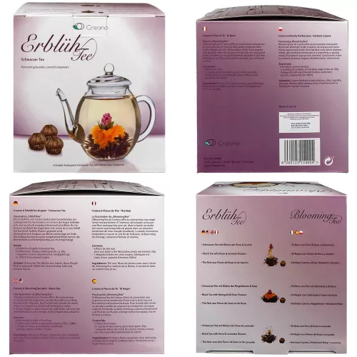 Set cadou Creano ErbluhTee Mix, ceainic din sticla 500 ml si 6 bile ceai infloritor negru, 3 varietati