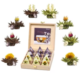   Set cadou ceai infloritor Creano Teelini, 12 plicuri, 8 sortimente, cutie din lemn, ceai alb/negru