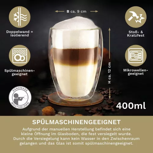 Set 6 pahare termice XXL Creano, 400 ml, sticla borosilicata, perete dublu, pentru latte