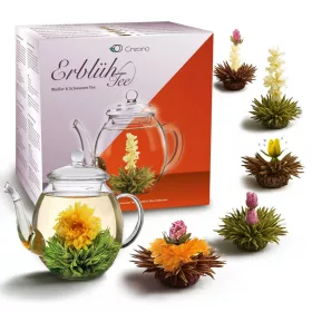   Set cadou ceai infloritor Creano ErbluhTee, 6 sfere, ceai alb/negru, ceainic 500 ml
