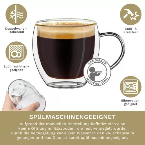 Set 4 cesti espresso termice Creano, 100 ml, sticla borosilicata, perete dublu, model inalt