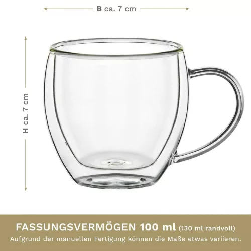 Set 4 cesti espresso termice Creano, 100 ml, sticla borosilicata, perete dublu, model inalt