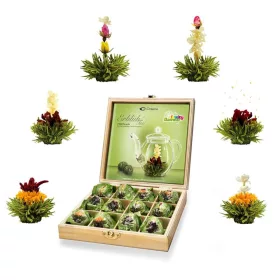   Set cadou ceai infloritor, Creano ErbluhTee, 12 bile, 6 sortimente, cutie din lemn, ceai verde