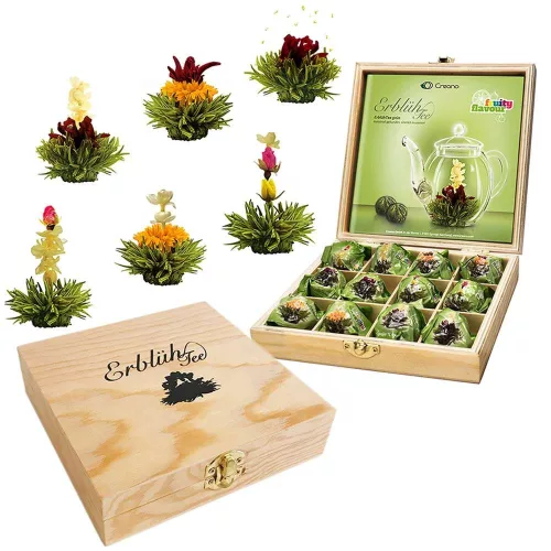 Set cadou ceai infloritor, Creano ErbluhTee, 12 bile, 6 sortimente, cutie din lemn, ceai verde